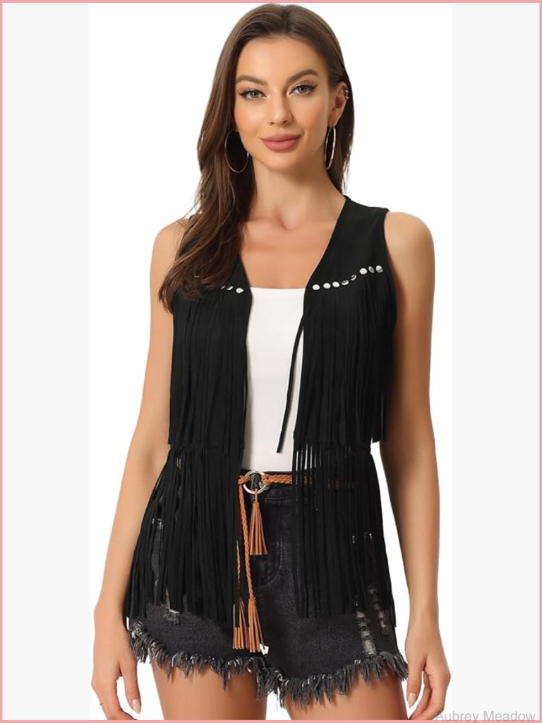 Women's Faux Suede Tassel Fringe Vest Cardigan Sleeveless Open Front Western